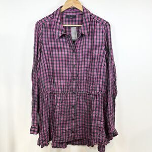 Lane Bryant Shirt Women’s 18 Pink Tunic Button Down Top Plaid Hi-Low Flannel